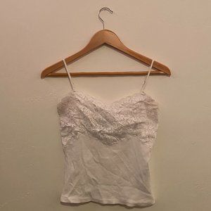 August Silk Vintage White Tank Top with Lace Detailing; S